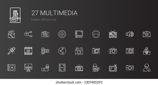 multimedia icons set. Collection of multimedia with tv, news reporter, photo camera, video player, cd, camera, share, camcorder, film. Editable and scalable multimedia icons.