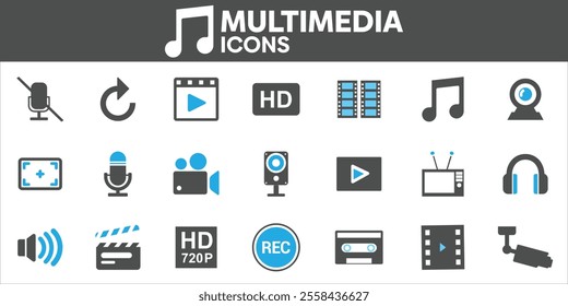 Multimedia Icons Set, Containing All Multimedia Icons Outlines, Vector Illustration Collection Editable eps10