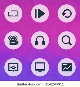 Multimedia icons set with display, camera, replay and other earmuff elements. Isolated vector illustration multimedia icons.