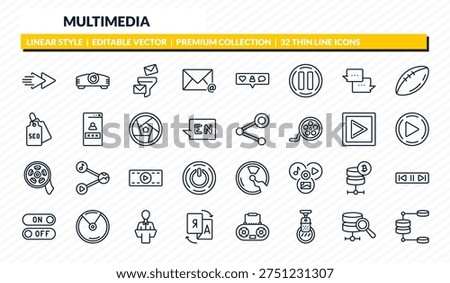 multimedia icons set - fast, projector len, mail funneling, database analysis, data flow outline vector collection.