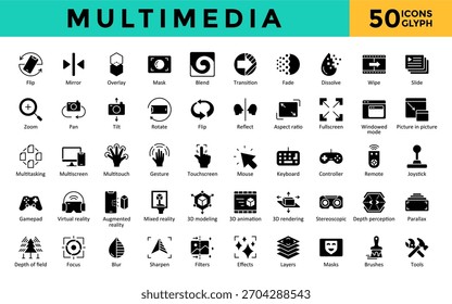 Ícones multimídia definidos com virar, espelhar, sobrepor, máscara, mesclar, transição, desaparecer, dissolver, apagar, ícone do slide. Vetor de glifo simples 
