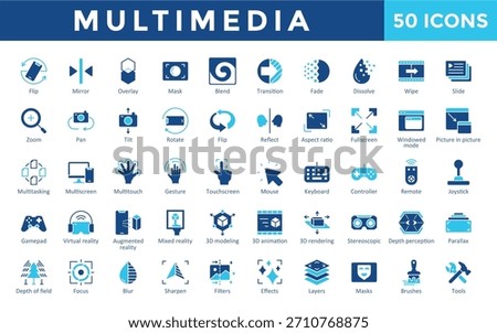 Multimedia icons set with flip, mirror, overlay, mask, blend, transition, fade, dissolve, wipe, slide icon. Simple flat vector 
