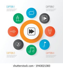 Los iconos multimedia se configuran con música hacia delante, escena, siguiente canción y otros elementos de frecuencia. Iconos multimedia de ilustraciones vectoriales aisladas.