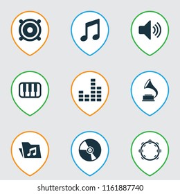 Multimedia icons set with gramophone, folder, piano and other timbrel elements. Isolated vector illustration multimedia icons.