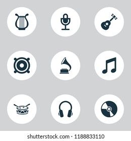 Multimedia icons set with harp, guitar, speaker and other music elements. Isolated vector illustration multimedia icons.