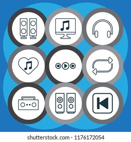 Multimedia icons set with headphone, computer, loudspeakers and other loudspeaker elements. Isolated vector illustration multimedia icons.