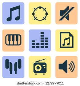 Multimedia icons set with headset, playlist, note and other equalizer elements. Isolated vector illustration multimedia icons.