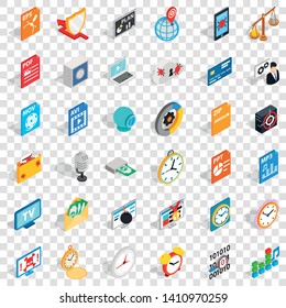 Multimedia icons set. Isometric style of 36 multimedia vector icons for web for any design