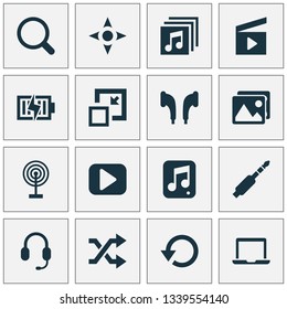 Multimedia icons set with jack, begin, search and other notebook elements. Isolated vector illustration multimedia icons.