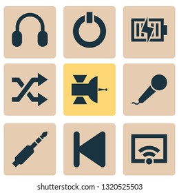 Multimedia icons set with jack, start, karaoke and other randomize elements. Isolated vector illustration multimedia icons.