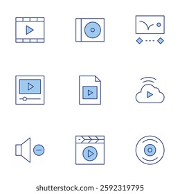 Multimedia icons set. Line Duotone style, editable stroke. disk, streaming, animation, media, video file, cd, video, volume.