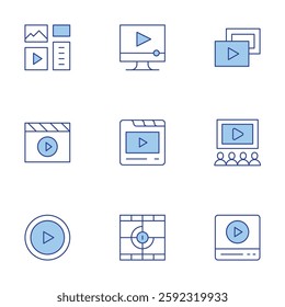 Multimedia icons set. Line Duotone style, editable stroke. video, content, movie, video player, play, content management.