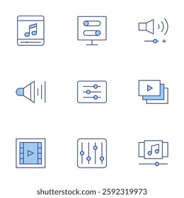 Multimedia icons set. Line Duotone style, editable stroke. playlist, settings, volume, video, toggle, browser.