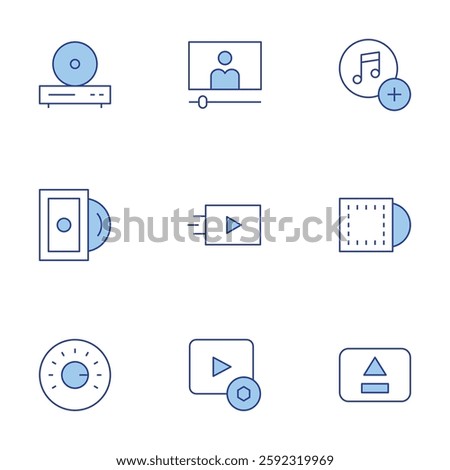 Multimedia icons set. Line Duotone style, editable stroke. playlist, video, cd, volume control, eject, vinyl disc, video console.