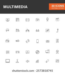 Multimedia Icons Set Line Illustration. Editable Stroke