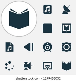 Multimedia icons set with loading, multimedia, song list and other communication antenna elements. Isolated vector illustration multimedia icons.