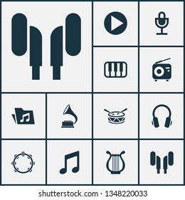 Multimedia icons set with microphone, headphone, folder and other barrel elements. Isolated vector illustration multimedia icons.