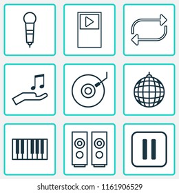 Multimedia icons set with mike, loudspeakers, musical device and other piano elements. Isolated vector illustration multimedia icons.
