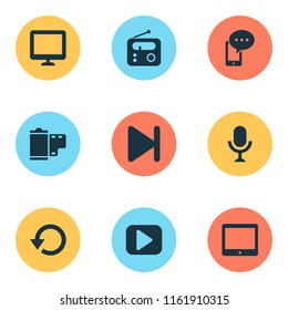Multimedia icons set with radio, display, replay and other refresh elements. Isolated vector illustration multimedia icons.