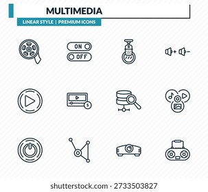 Conjunto de iconos multimedia: rollos, interruptores, condensador, multimedia, colección de Vector de contorno de caja de brazo.