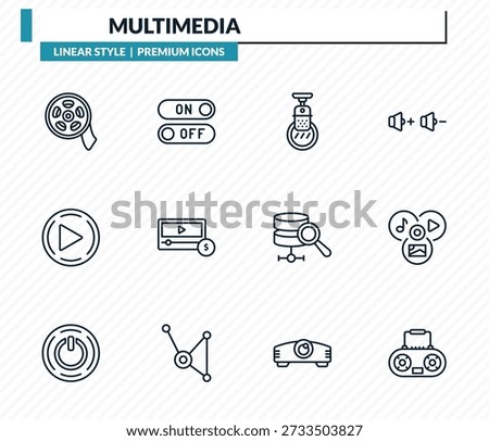 multimedia icons set - rolls, switches, condenser, multimedia, boom box outline vector collection.