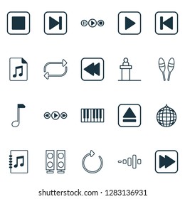 Multimedia icons set with scene, forward music, synthesizer and other dance club elements. Isolated vector illustration multimedia icons.