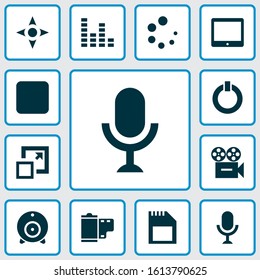 Multimedia icons set with sd card, audio mixer, tablet and other karaoke elements. Isolated vector illustration multimedia icons.