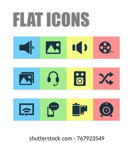 Multimedia icons set with speaker, picture, mobile content and other broadcast elements. Isolated vector illustration multimedia icons.