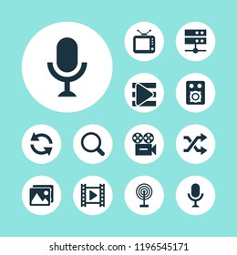 Multimedia icons set with sync, search, broadcast and other magnifier elements. Isolated vector illustration multimedia icons.