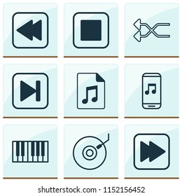 Multimedia icons set with synthesizer, fast forward song, audio file and other following song elements. Isolated vector illustration multimedia icons.
