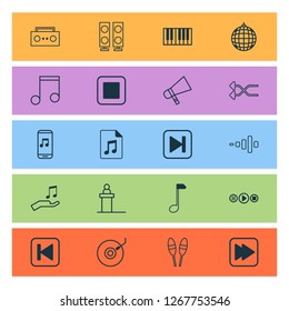 Multimedia icons set with synthesizer, stop music, drum sticks and other frequency elements. Isolated vector illustration multimedia icons.