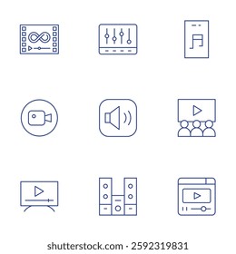 Multimedia icons set. Thin Line style, editable stroke. watching, video editing app, tv monitor, video player, music, video, equalizer, volume up.