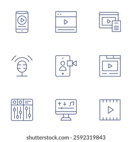 Multimedia icons set. Thin Line style, editable stroke. video tutorial, sound editing, podcast, video player, sound mixer, smartphone, video.