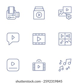 Multimedia icons set. Thin Line style, editable stroke. video editing app, live chat, video player, music, digital asset, multimedia, collection.