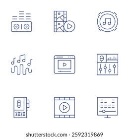 Multimedia icons set. Thin Line style, editable stroke. sound waves, music wave, tape recorder, video, interface, sound system, edit, music controller.