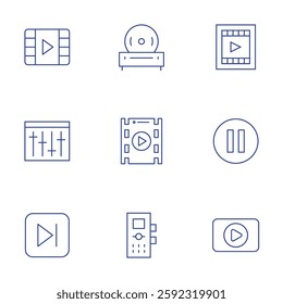 Multimedia icons set. Thin Line style, editable stroke. cd player, film, tape recorder, video, equalizer, last, movie, pause, player.