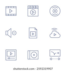Multimedia icons set. Thin Line style, editable stroke. disk, streaming, animation, media, video file, cd, video, volume.