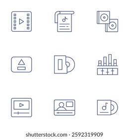 Multimedia icons set. Thin Line style, editable stroke. cd, equalizer, album, video, eject, video player, music sheet, vinyl.