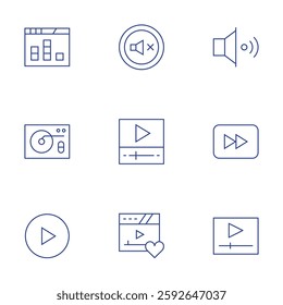 Multimedia icons set. Thin Line style, editable stroke. mute, video player, favourite, sound bars, dj mixer, play, audio, forward.