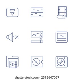 Multimedia icons set. Thin Line style, editable stroke. movie, audio player, cd, eject, mute, video folder, frequency, motion graphic, compact disc.