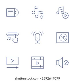 Multimedia icons set. Thin Line style, editable stroke. music album, music, volume, podcast, video player, musical note, button, album.