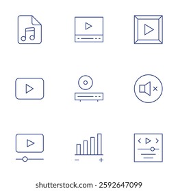 Multimedia icons set. Thin Line style, editable stroke. player, dvd player, play button, volume, video player, mute, video, music sheet.