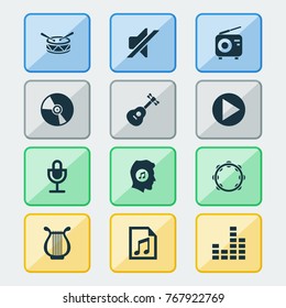Multimedia icons set with timbrel, tuner, cd and other tuner elements. Isolated vector illustration multimedia icons.
