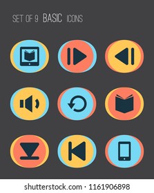 Multimedia icons set with upward, backward, textbook and other e-reader elements. Isolated vector illustration multimedia icons.