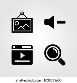 Multimedia icons set. Vector illustration picture, volume, loupe and browser