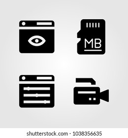 Multimedia icons set. Vector illustration video camera, sd card, memory and browser
