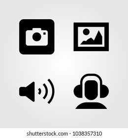 Multimedia icons set. Vector illustration photo camera, headphones, picture and volume