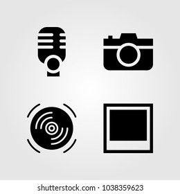 Multimedia icons set. Vector illustration compact disk, photo camera, microphone and photo