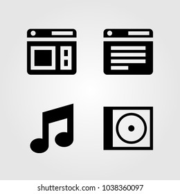 Multimedia icons set. Vector illustration browser, musical note and compact disk