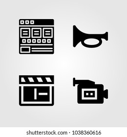 Multimedia icons set. Vector illustration trumpet, browser, clapperboard and video camera